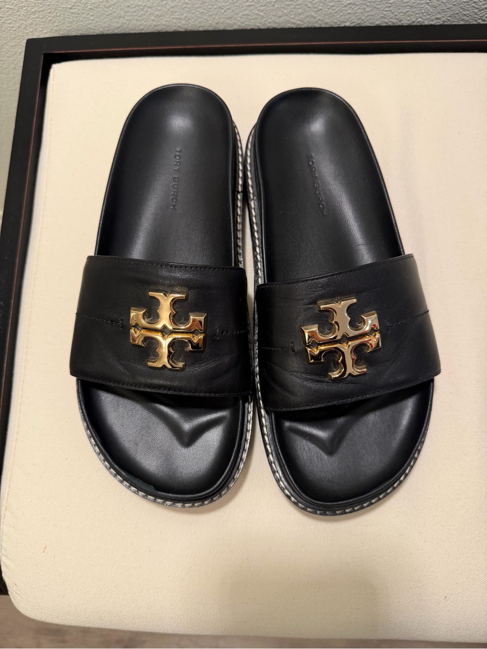 Tory Burch Black Leather Slide Sandals with Gold Emblem
